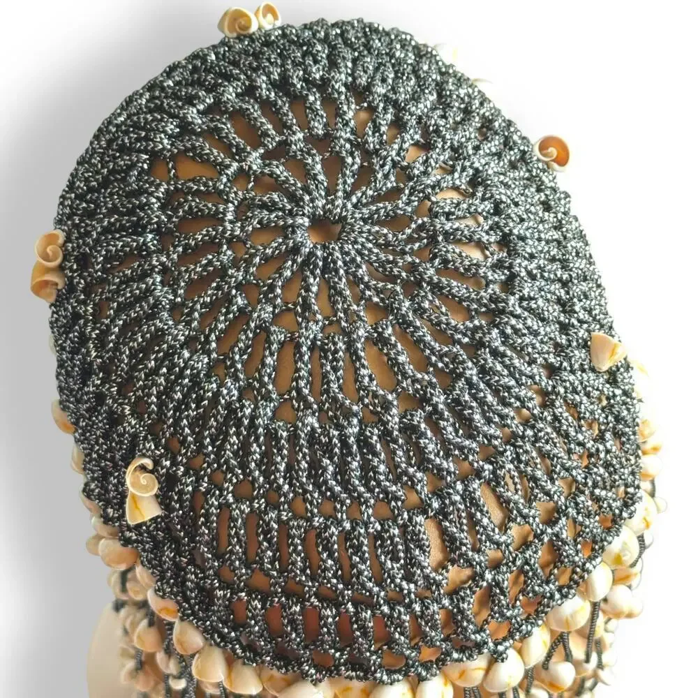 1970s Cleopatra Cowrie Fringe Seashell Egyptian Silver Flapper Headdress Vintage